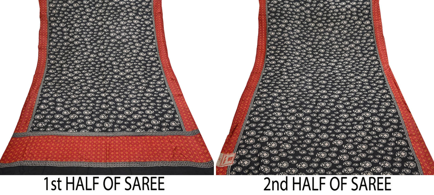 Indian Vintage Black Saree Pure Khadi Silk Handloom Printed Sari Fabric 6yd Ethnic Wear Sari Floral Designs Dress making Crafting