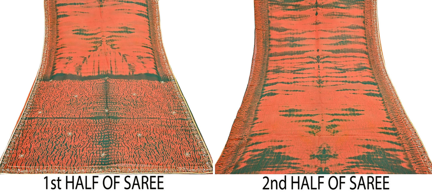 Indian Vintage Orange & Green Sarees Pure Georgette Silk Hand Embroidered Leheria Sari Craft Fabric 5Yd Sewing Soft Dress Making Sequins