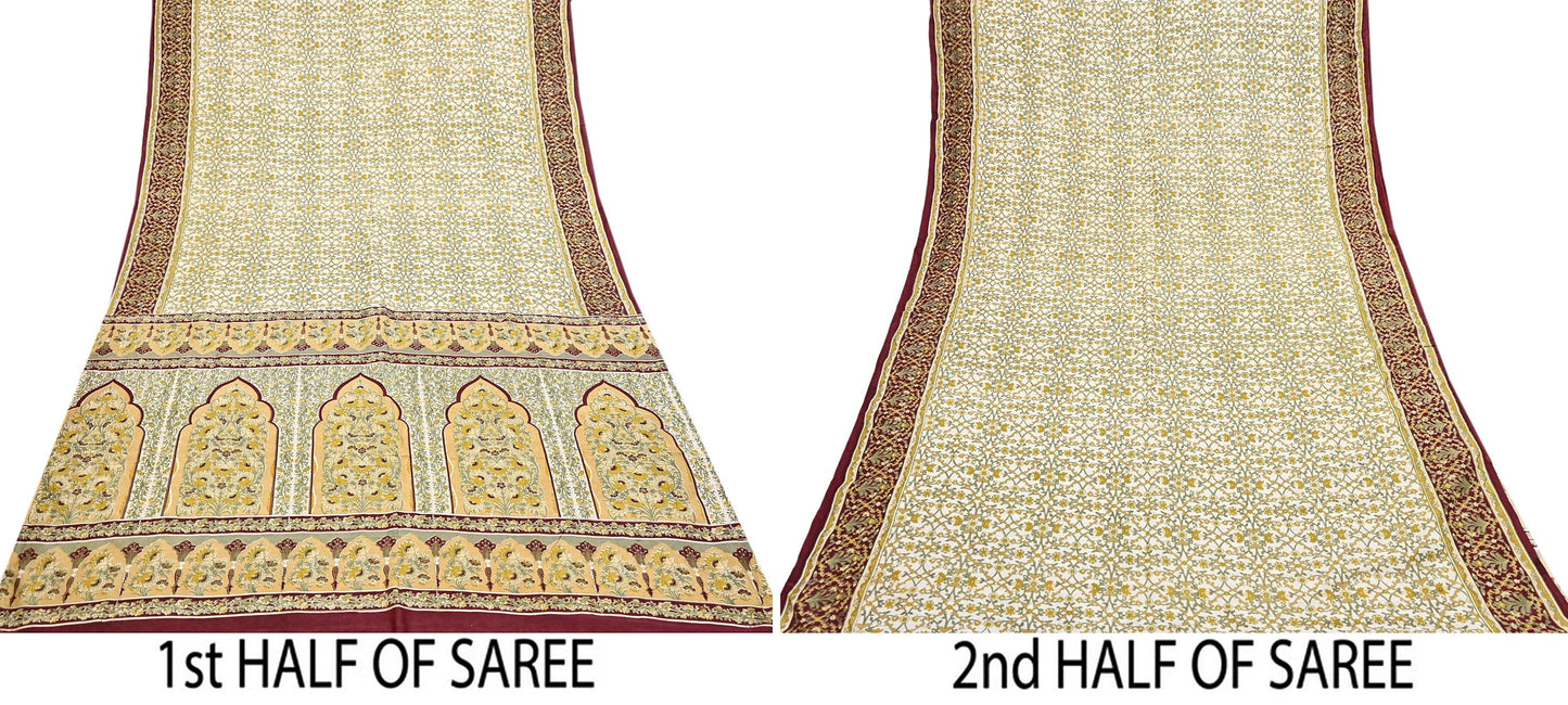 Indian Vintage white Pure Silk Saree Printed Floral Silk Fabric 6Yard Soft Sewing Material for Dressmaking, Quilting Crafts