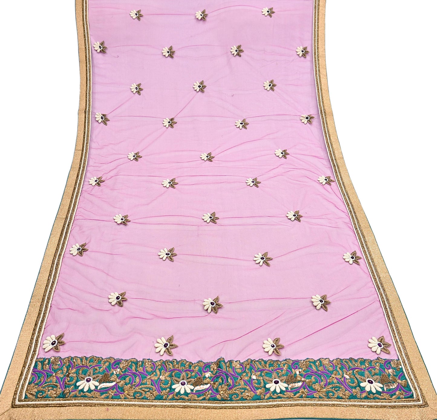 Indian Vintage Heavy Wedding Purple Dupatta Net Mesh Long Stole Hand Embroidered Scarves Golden Zardozi Dabka Zari Stole