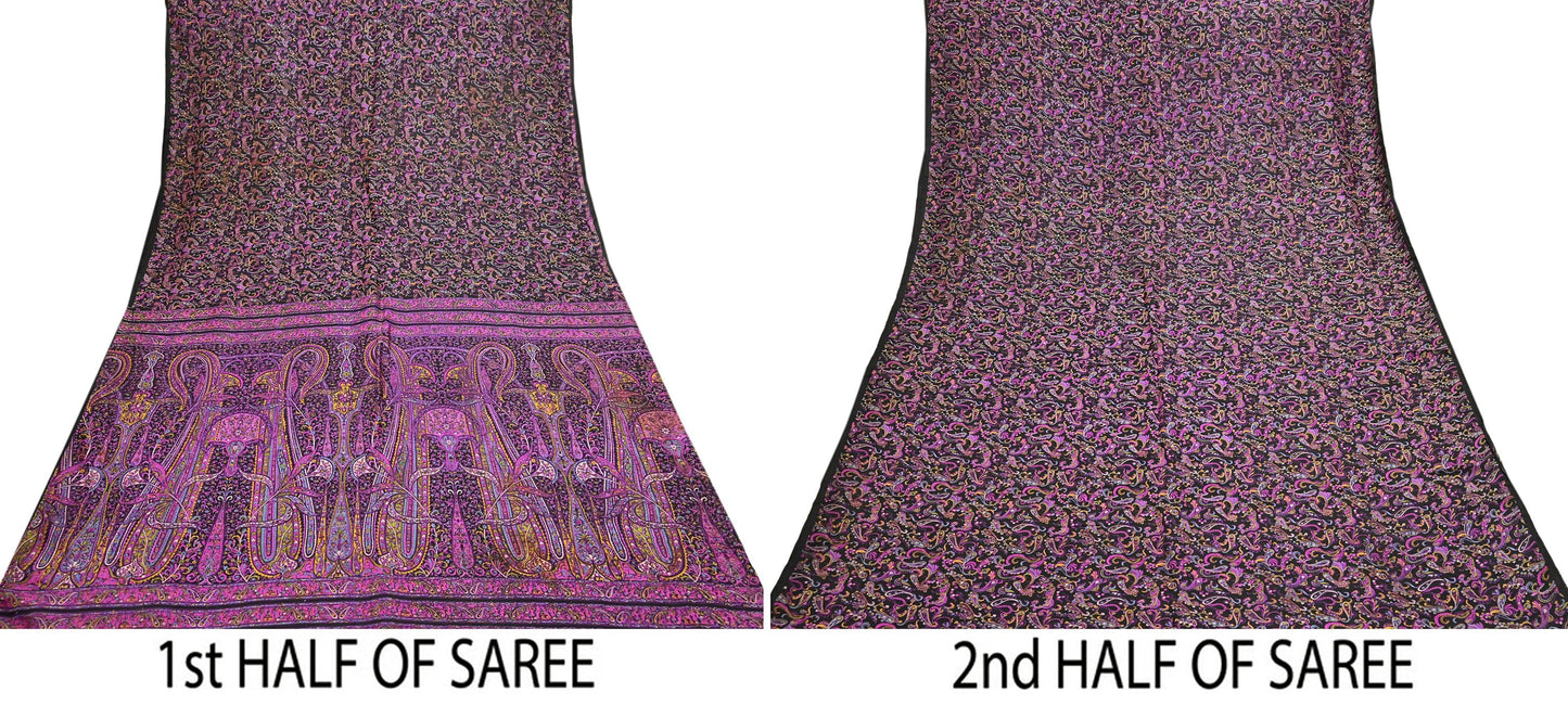 Vintage Sari Black Pure Silk Printed Saree Craft Fabric 5yard Sewing Floral Soft Dress Designing for Crafting Upcycle Quilting