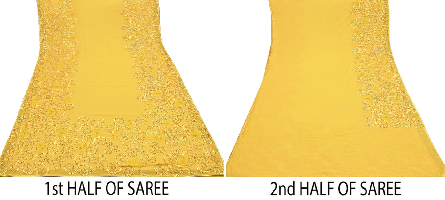 Indian Vintage Yellow Saree Pure Chiffon Silk Pre-owned Hand Beaded Abu jani Designer Sari Fabric 6-Yards Soft Ethnic Bollywood Party sarees