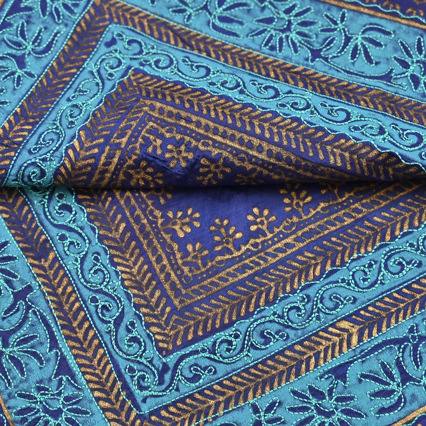 Indian Vintage Dupatta Blue Long Stole Artificial silk embroidered Painted Scarves Veil Zari Soft Floral Design