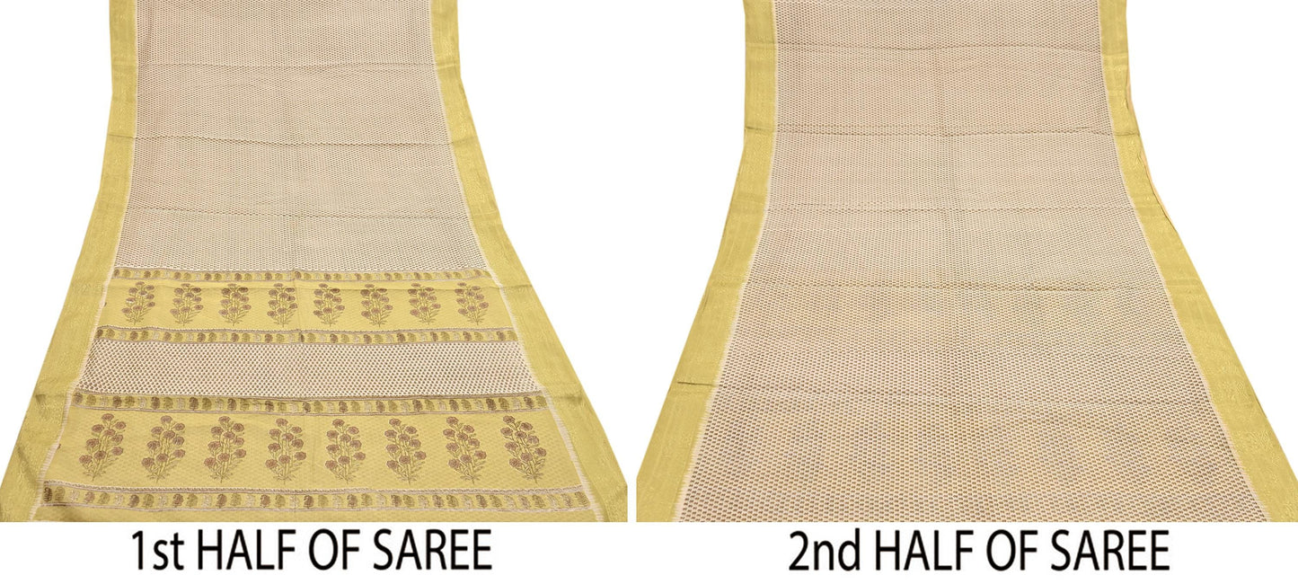 Indian Vintage Ivory & Yellow Saree Printed Pure Cotton Sari Craft Fabric 5Yd Soft Sewing Sarong Wrap Boho Floral Dress making Crafting