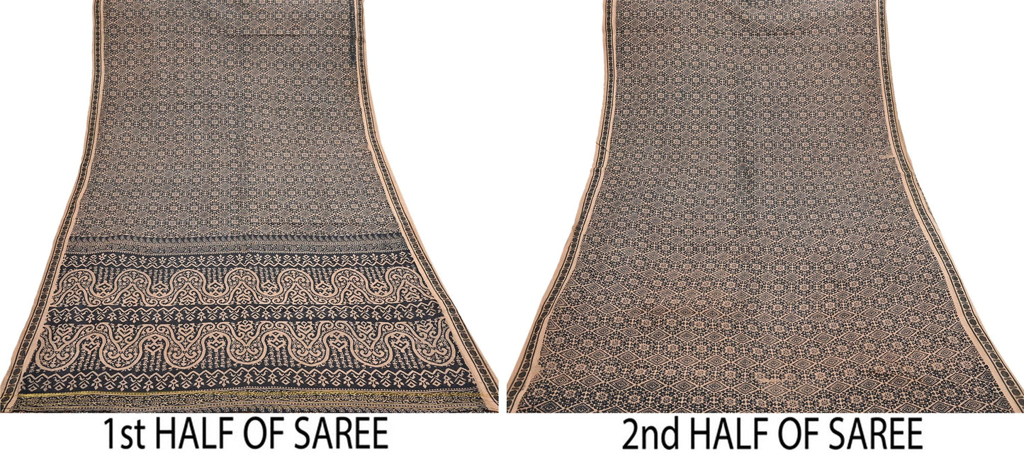 Indian Vintage Sari Beige & Black Printed Pure Cotton Sarees Fabric Floral 5Yd Sarong Wrap Boho Fabric Kimono Soft Dress making Crafting