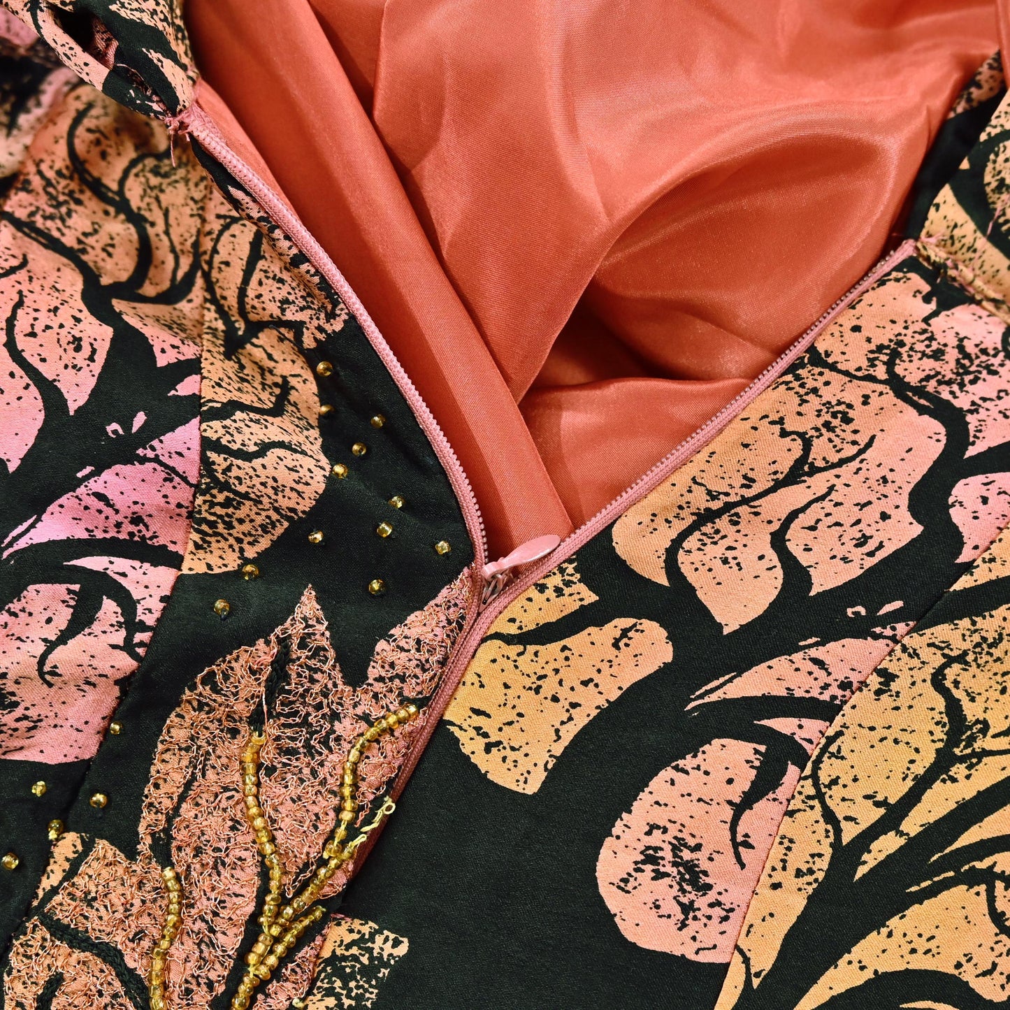 Indian Vintage Peach & Black Pure satin Silk Hand Embroidered Skirt Party Wear Bollywood Lehenga