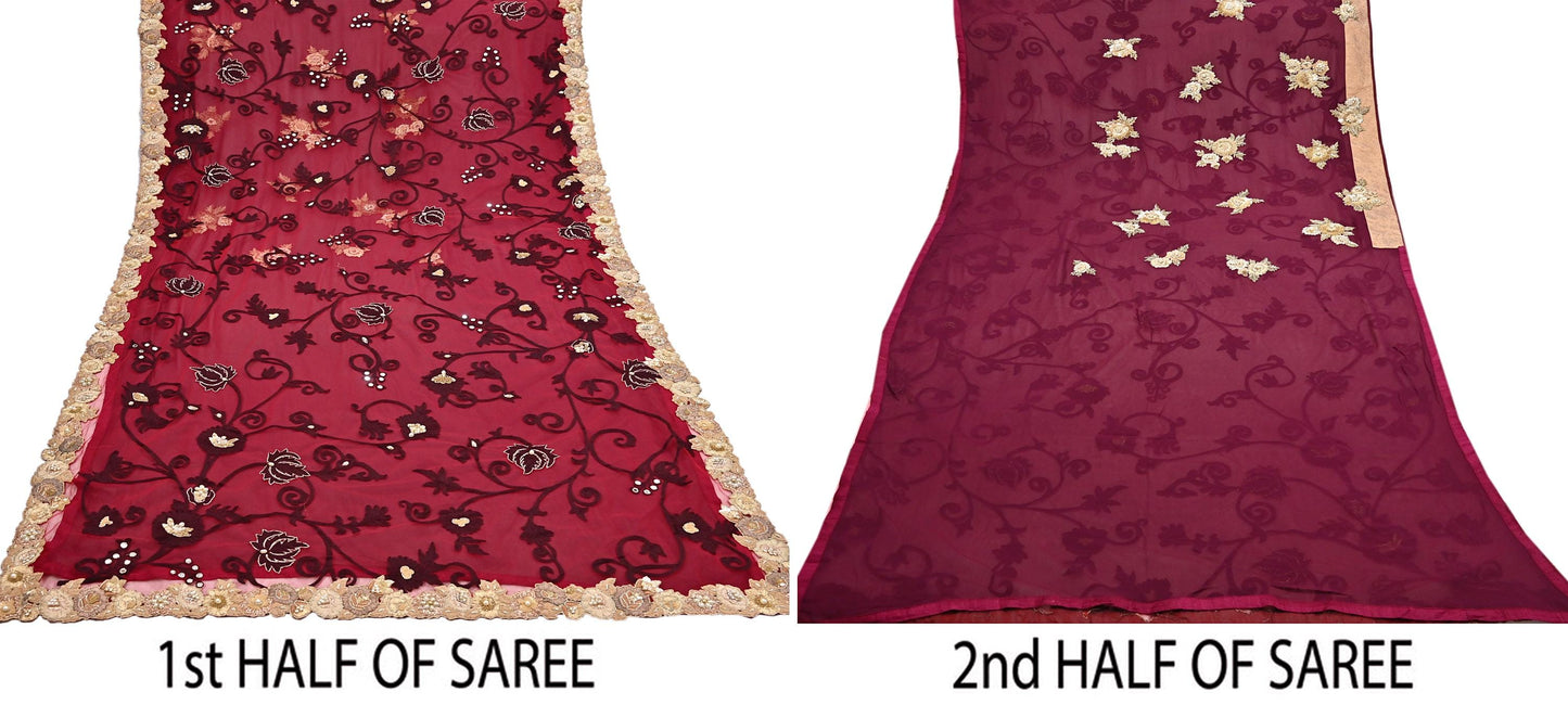Indian New Sari Maroon Net/Pure Georgette Silk Hand Embroidered Anamika Khanna Designer Sarees Ethnic 6Yd Sewing Zari With Blouse Fabric