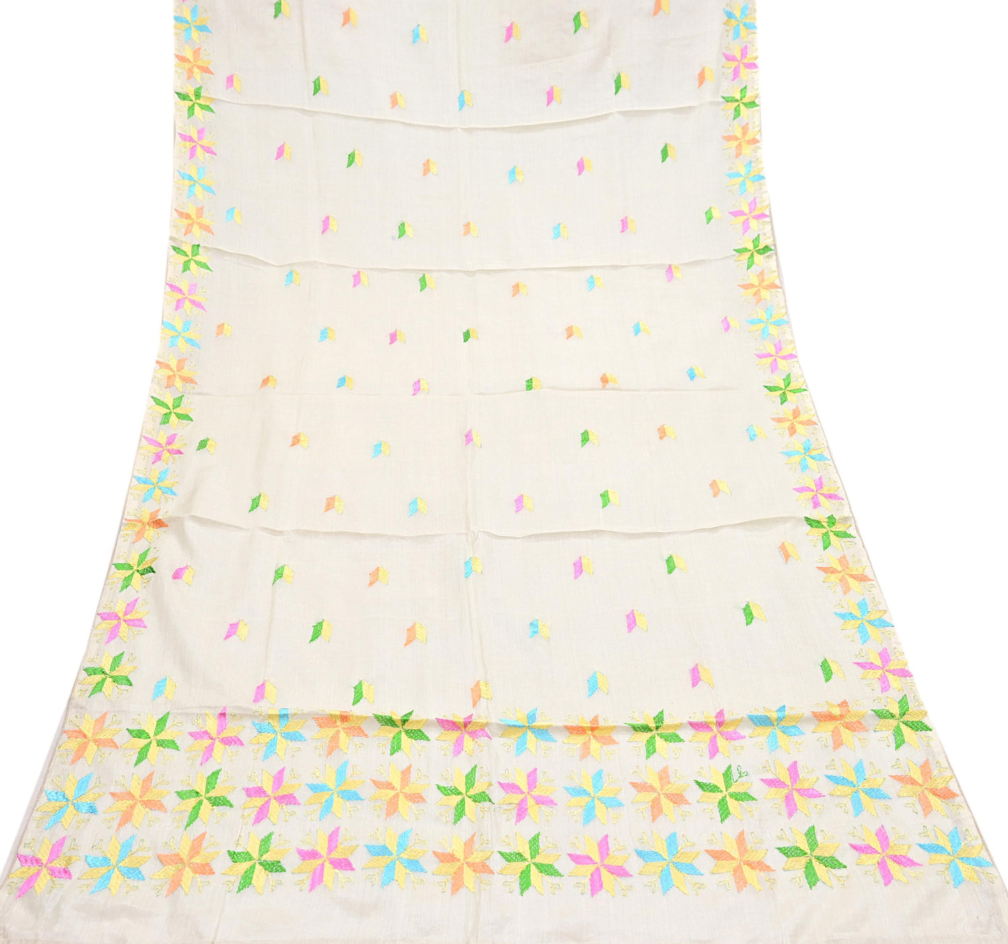 Indian Vintage Ivory Dupatta Long Stole Pure Silk Hand Embroidered Bagh Phulkari Stole Scarves Golden Lace