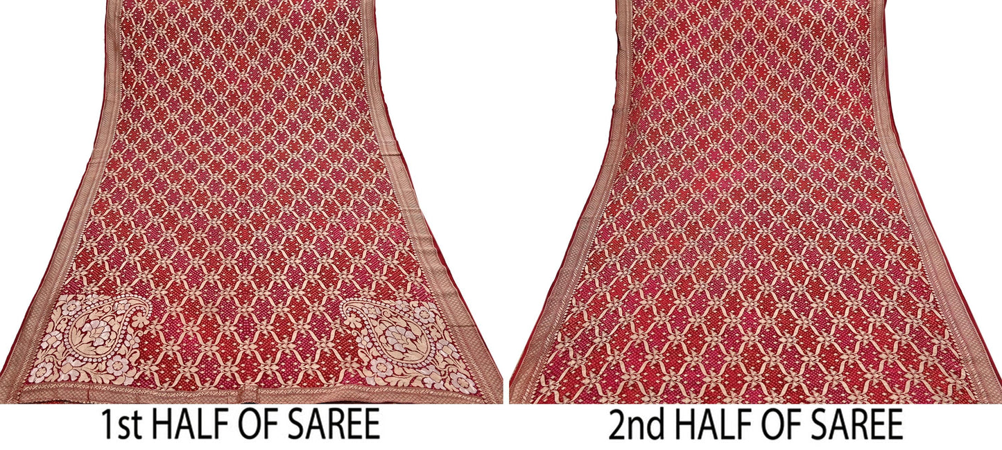 Indian Pre-Owned Sari Maroon Pure silk Hand Woven Bandhani Sarees Ethnic Zari Wedding Saree