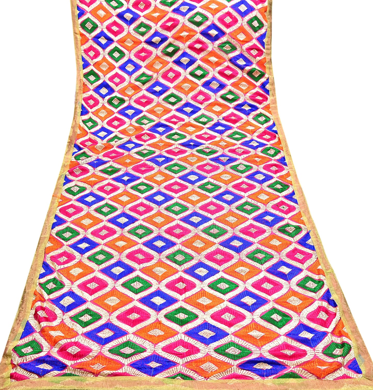 Indian Vintage Pink Dupatta Long Stole Pure Chiffon Silk Embroidered Bagh Phulkari Stole Scarves Golden Lace