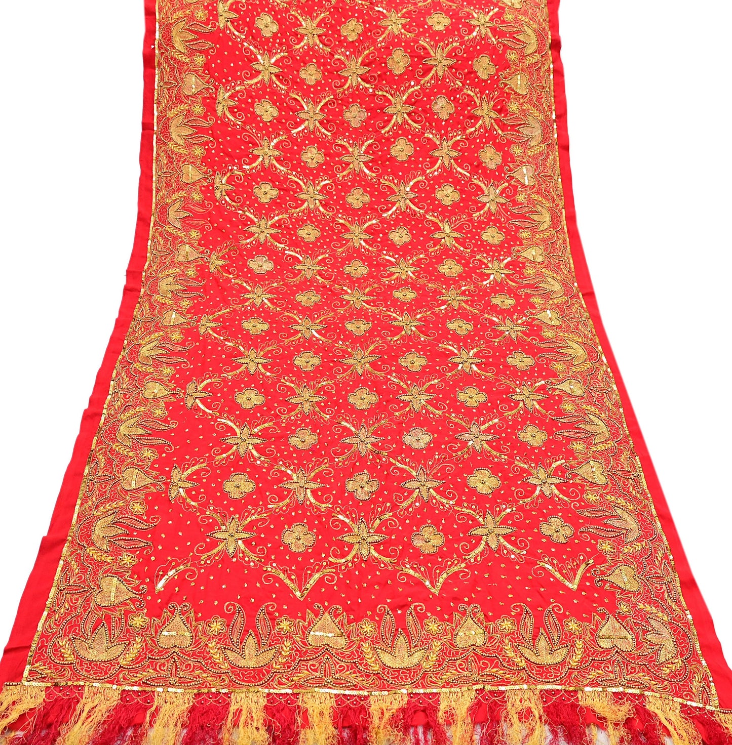 Indian Vintage Heavy Red Dupatta Georgette Long Stole Hand Embroidered Scarf Zari Zardozi Wedding/Bridal Veil Hijab