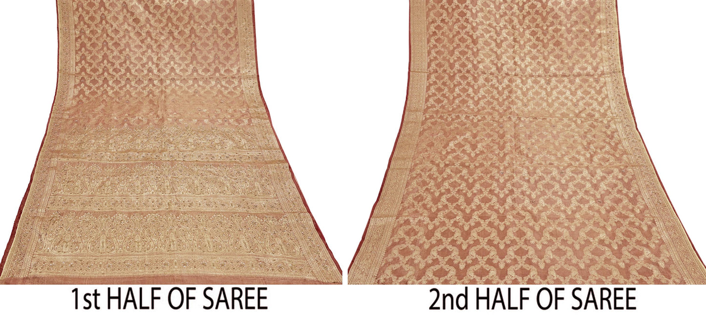 Indian Vintage Sari Golden Red Tissue Hand Embroidered Sarees Craft Fabric 5Yd Sewing Soft Ethnic Zardozi/Zari Dress making Crafting