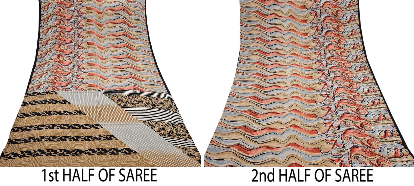 Indian Vintage Pure Crepe Silk Saree Abstract Print 5Yards Soft Sewing Fabric for Dressmaking, Quilting, Crafting & Upcycling