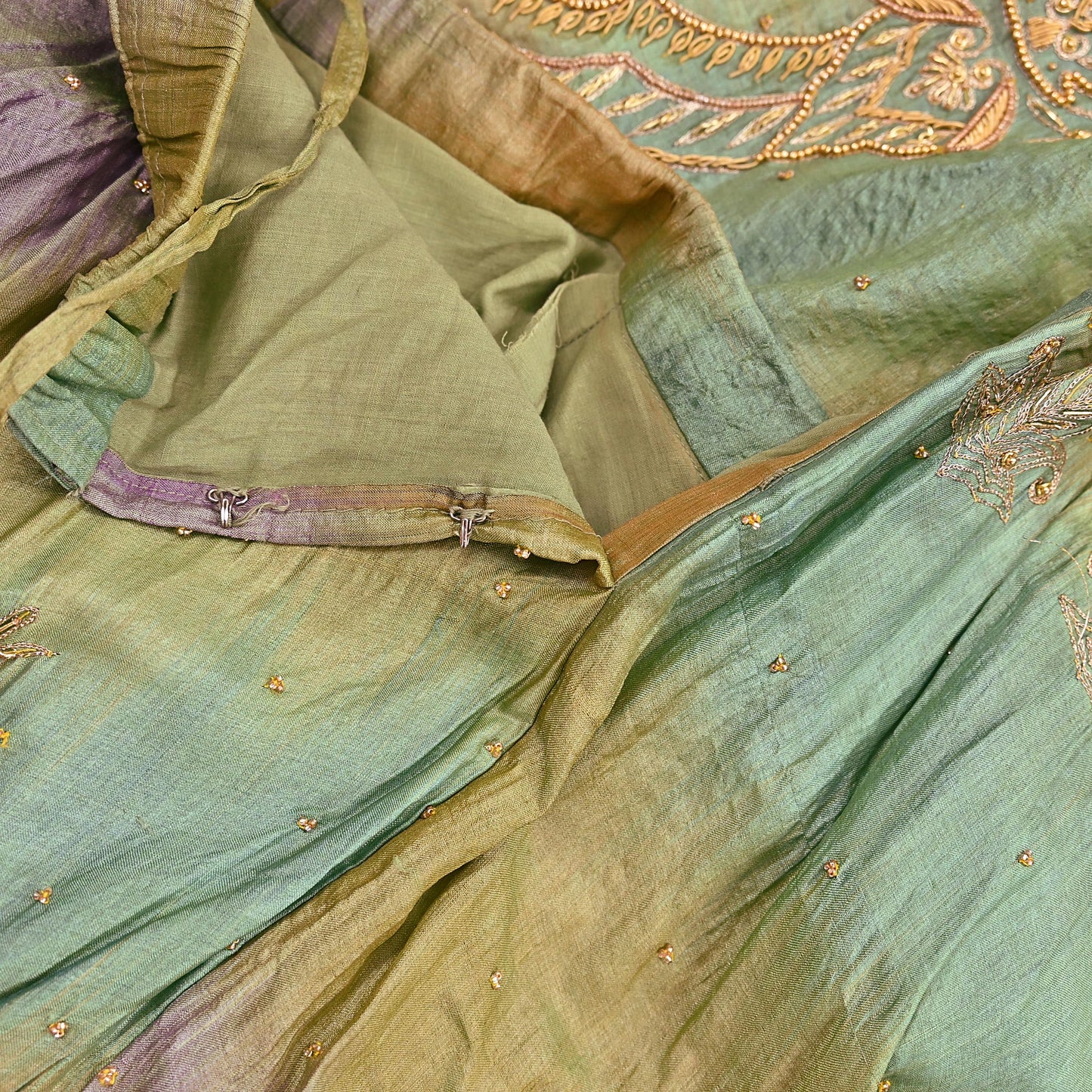 Indian Vintage Green & Purple Pure Silk Hand Embroidered Skirt Bridal Party Wear Bollywood Lehenga Zardozi/ Dabka, Zari