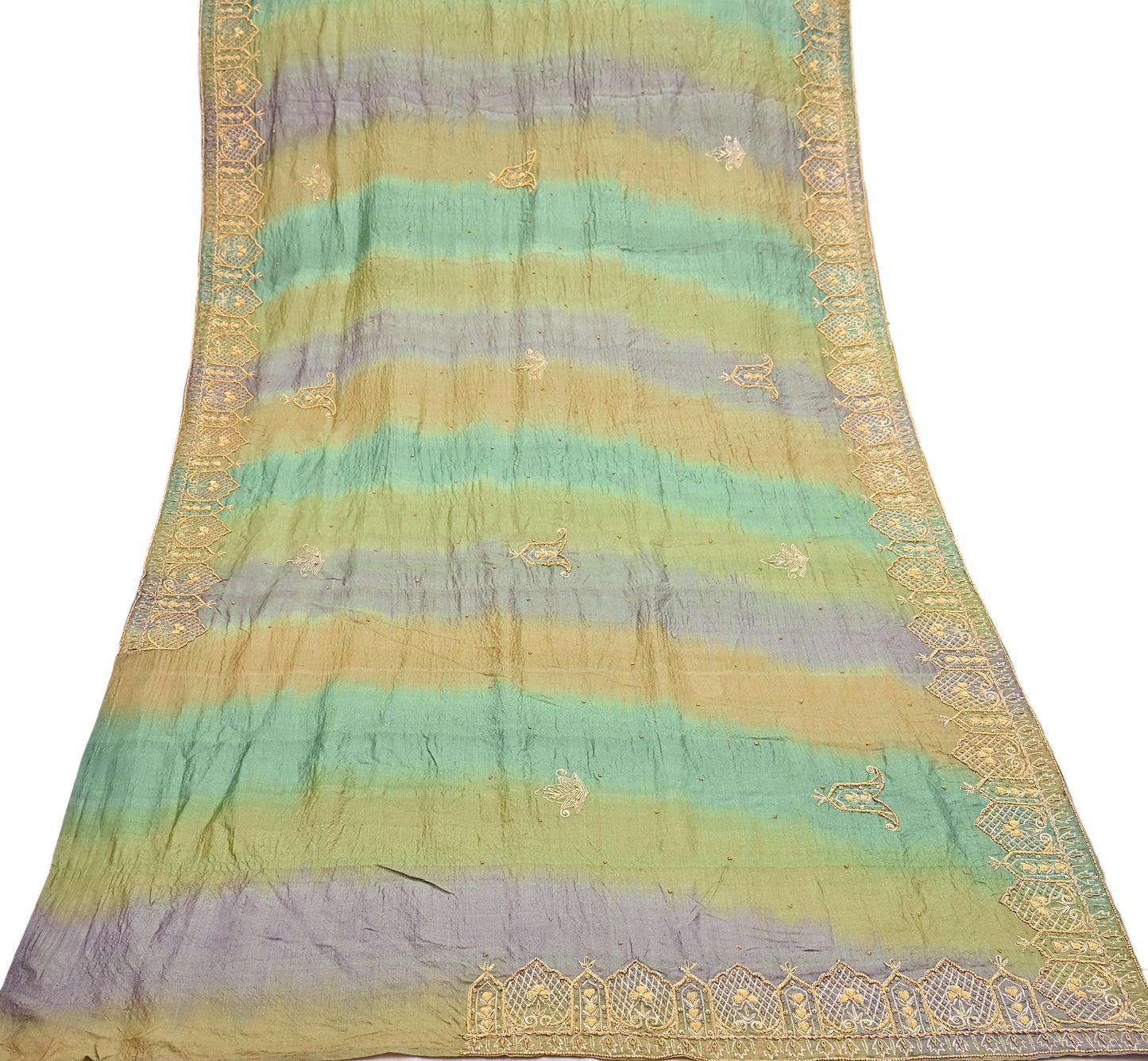 Indian Vintage Green & Purple Dupatta Pure Silk Long Stole Hand Embroidered Scarves Sequins Veil Wrap Hijab