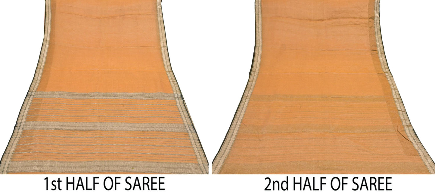 Indian Vintage Sari Saffron Pure Silk Hand Woven Sarees Craft Fabric 5Yd Floral Soft Golden Zari Bollywood Sarees Crafting Upcycle