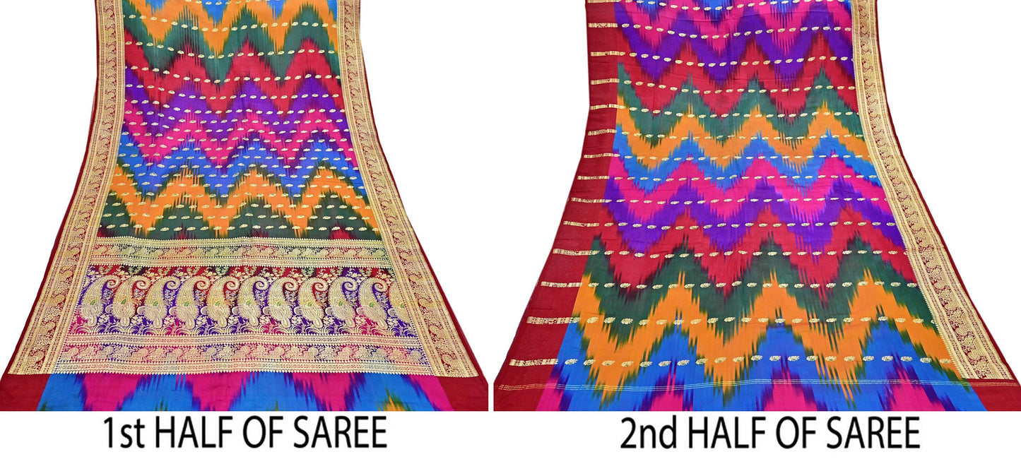 Indian Vintage Multi Heavy Wedding Saree Pure Satin Silk Woven Brocade Banarasi Sarees Sari Fabric Golden Zari 5Yd