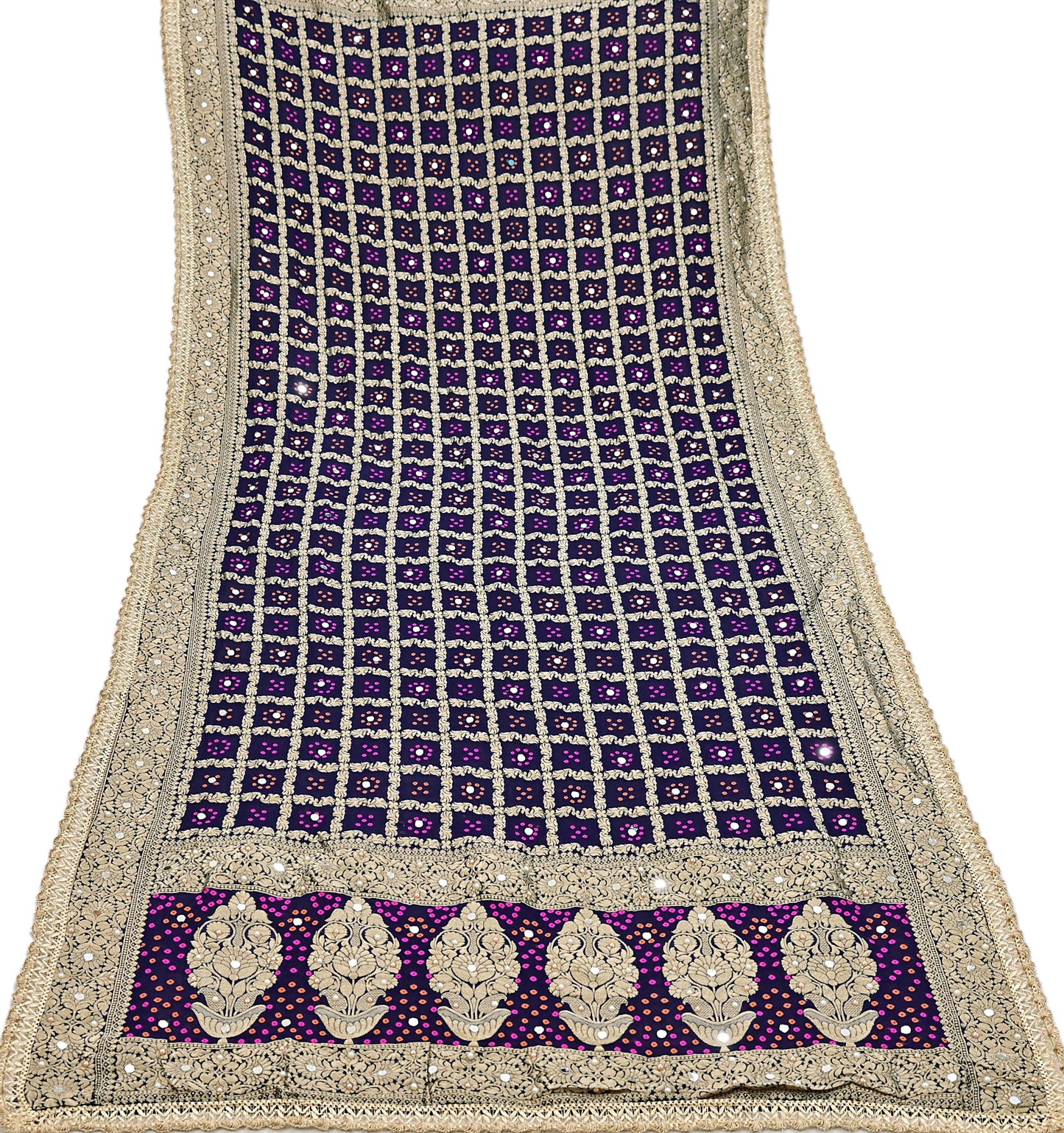 Indian Vintage Heavy Bridal Blue Dupatta Georgette Long Stole Hand Embroidered Bandhani Scarves Wedding/Party Wear