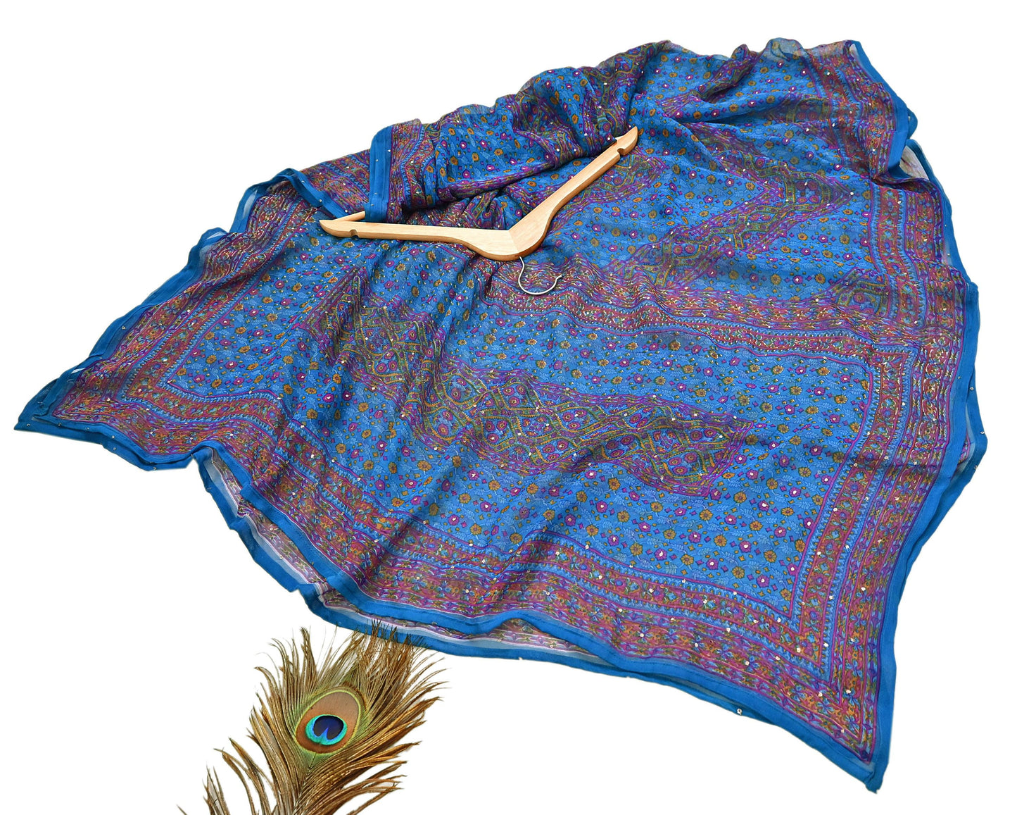 Indian Pre-Owned Blue Pure Silk Hand Embroidered Ritu Kumar Designer 2 Piece Suit Set (Kurta + Dupatta)