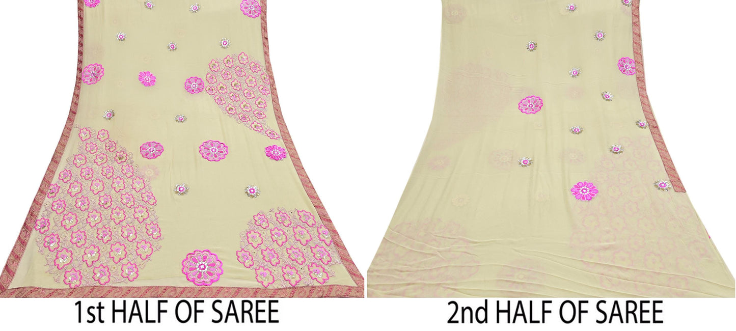 Indian Vintage Heavy Sari Ivory Pure Georgette Silk Hand Beaded Sarees Craft Fabric 5Yd Sewing Soft Ethnic Wedding Sarees Dress making