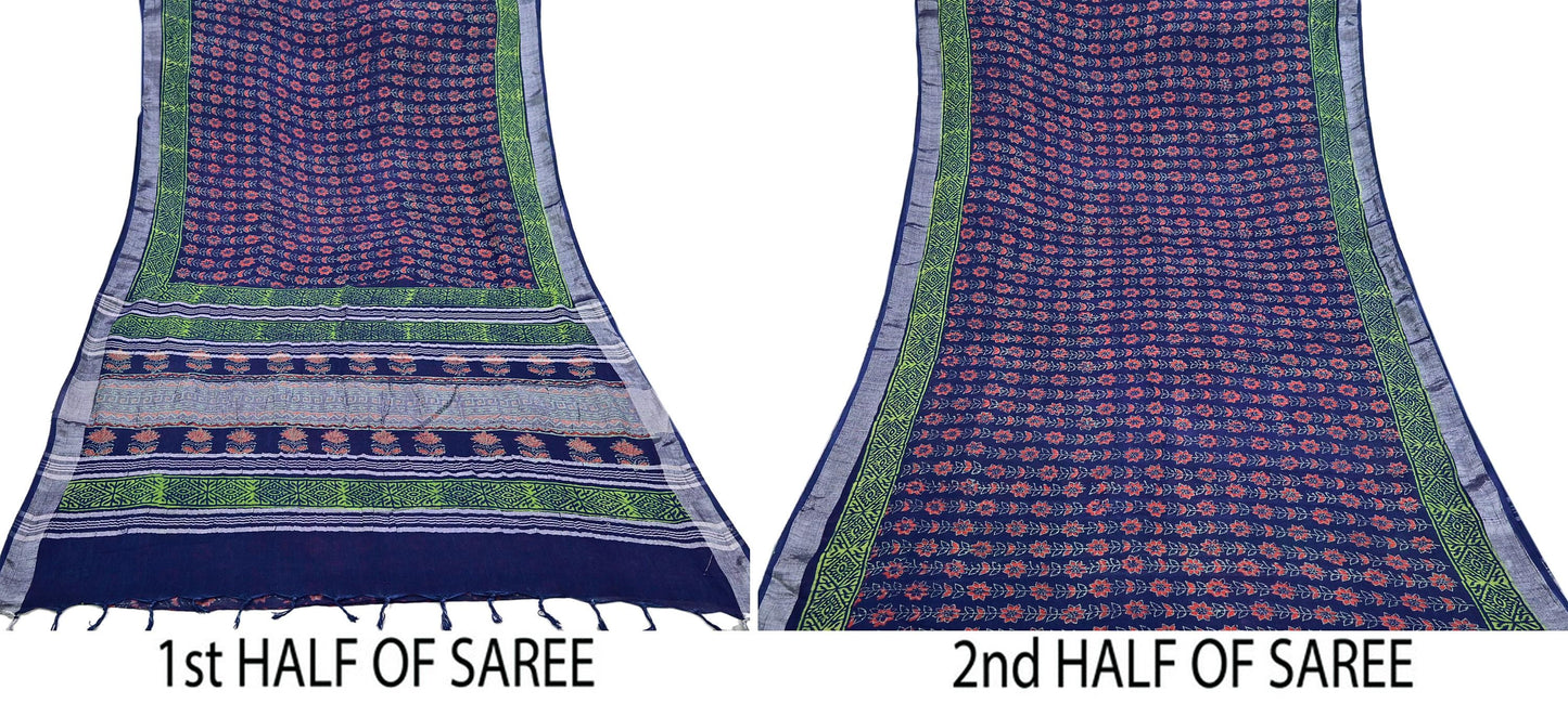Indian Vintage Sari Blue Woven 100% Pure Cotton Sarees Craft Fabric 6Yd Floral Upcycle Quilting Crafting Dress making Upcycle Boho Wrap