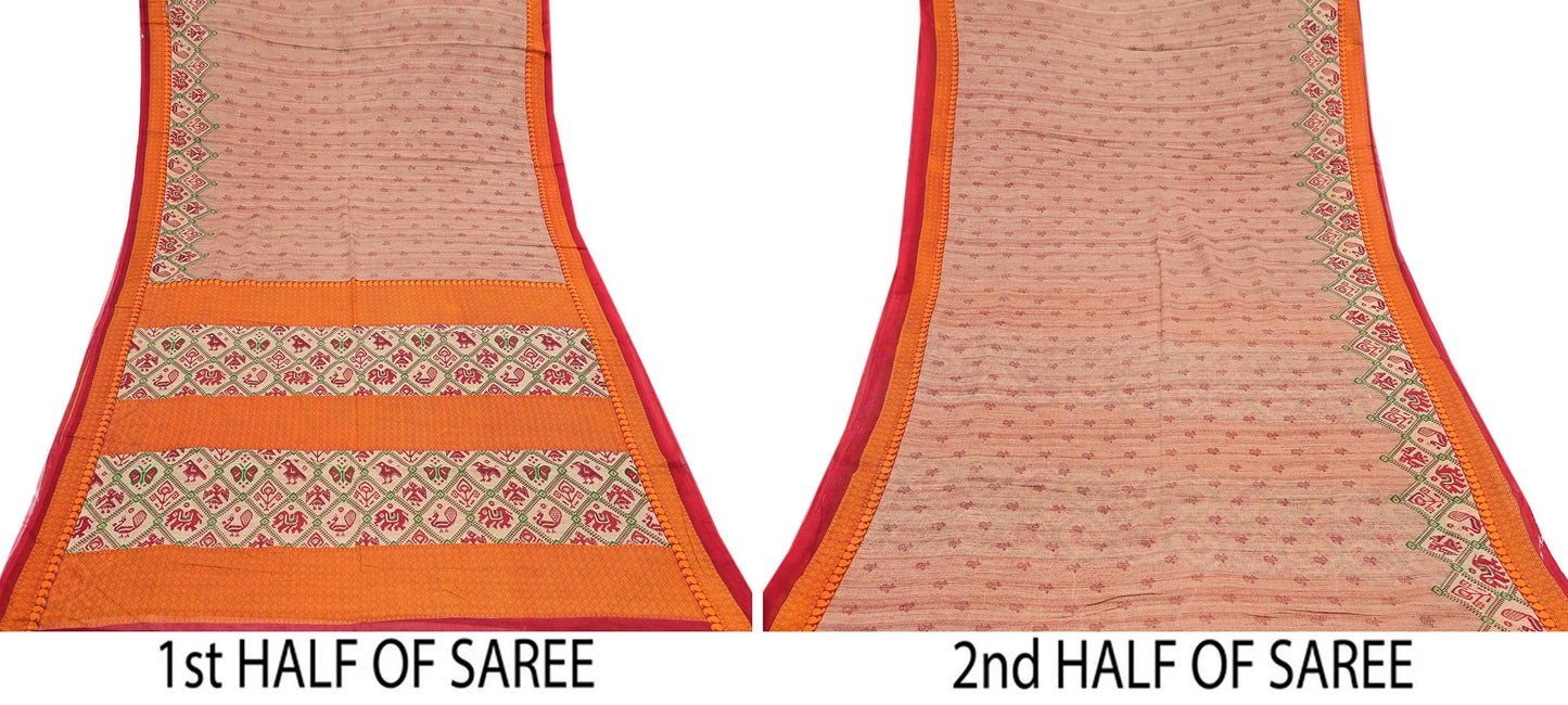 Indian Vintage Sari Brown Printed 100% Pure Cotton Saree Craft Fabric 5Yd Soft Sewing Sarong Wrap Boho Dress Making Quilting