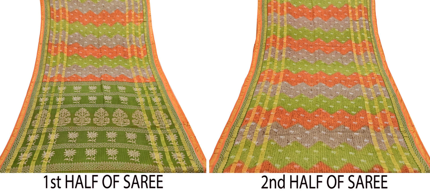 Indian Vintage Sari Rusty & Green Printed Pure Cotton Sarees Craft Fabric 5Yd Soft Sewing Sarong Wrap Boho Floral Quilting Dress making