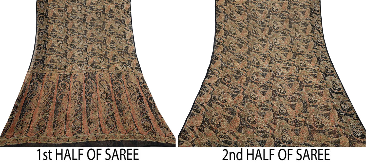 Indian Vintage Black Pure Chiffon Silk Saree Printed Floral Design 5 Yards Sheer Soft Fabric for Sewing, Dressmaking,