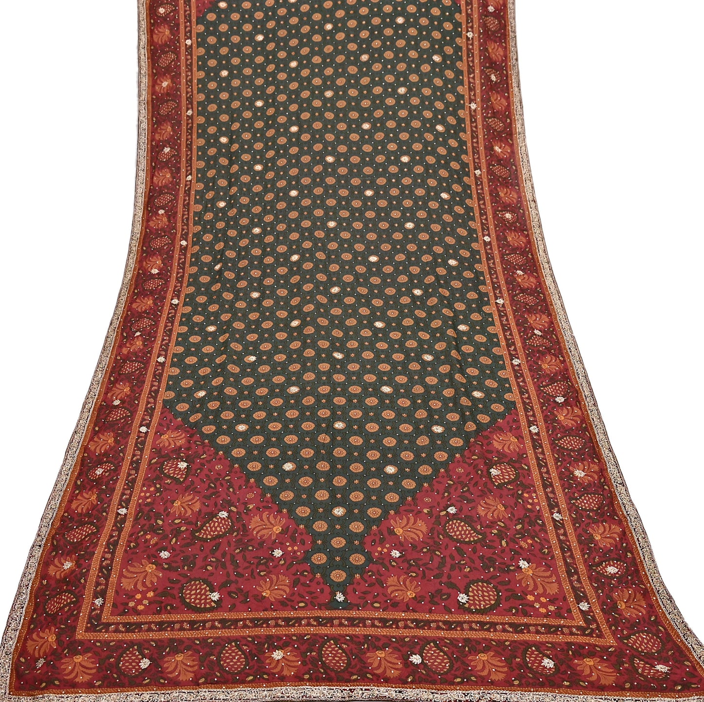 Indian Vintage Heavy Red & Green Dupatta Pure Silk Long Stole Hand Embroidered Designer By Ritu Kumar Scarves Scarf Zari Zardozi