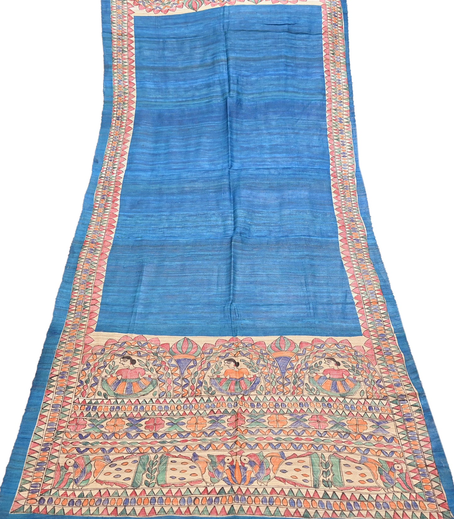 Indian Vintage Beige & Blue Dupatta Pure Khadi silk Long Stole Hand Embroidered Scarves Floral Design Stole Veil Wrap