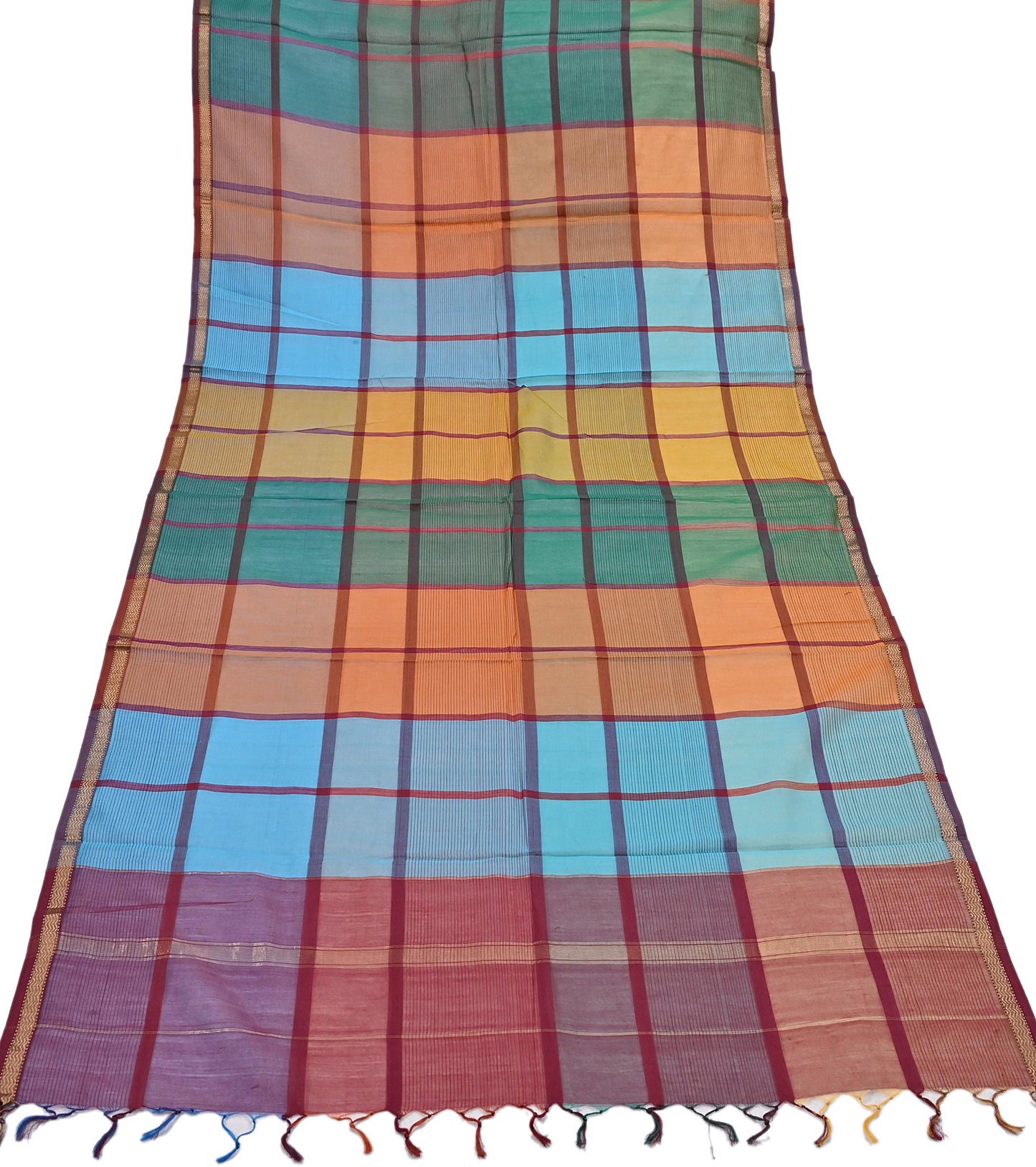 Indian Vintage Dupatta Multi Long Stole Block Print Pure Chanderi Silk Scarves Veil Zari Wrap Hijab Fringes