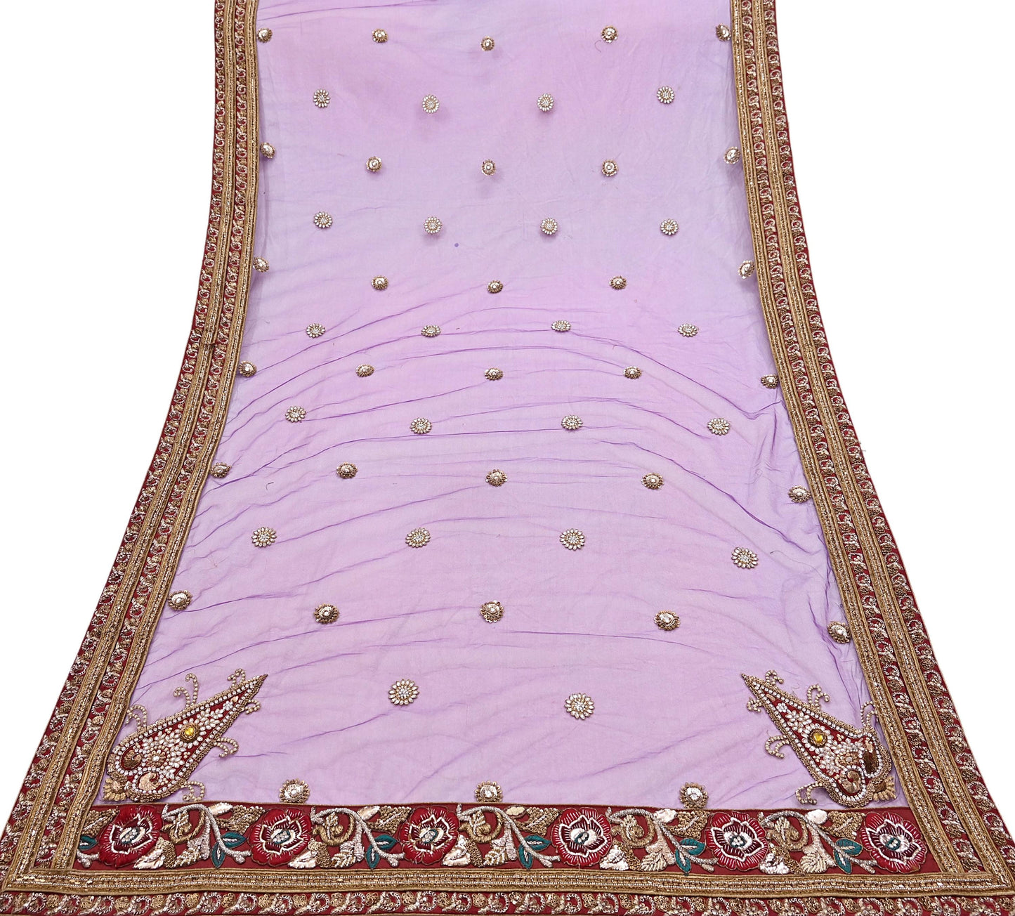 Indian Vintage Heavy Wedding Purple Dupatta Net Mesh Long Stole Hand Embroidered Scarves Golden Zardozi Dabka Zari Stole