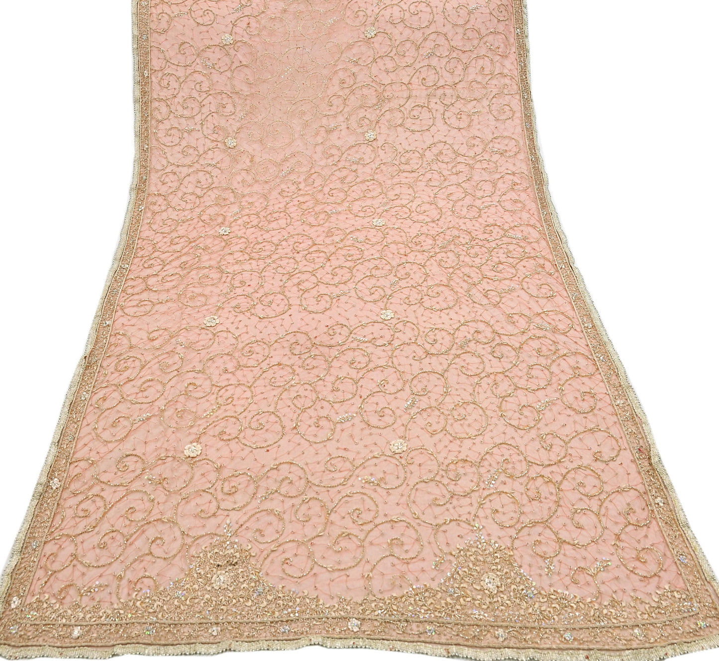 Indian Vintage Bridal Heavy Orange Dupatta Net Mesh Long Stole Hand Embroidered Scarves Golden Zardozi Dabka Zari Sequins Wedding Veil