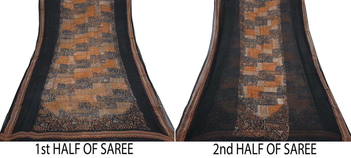Women Vintage Sari Black & Rusty Brown 100% Pure Georgette Silk Block Printed Saree Craft Fabric Sewing 5Yard Soft Sari Dress Making