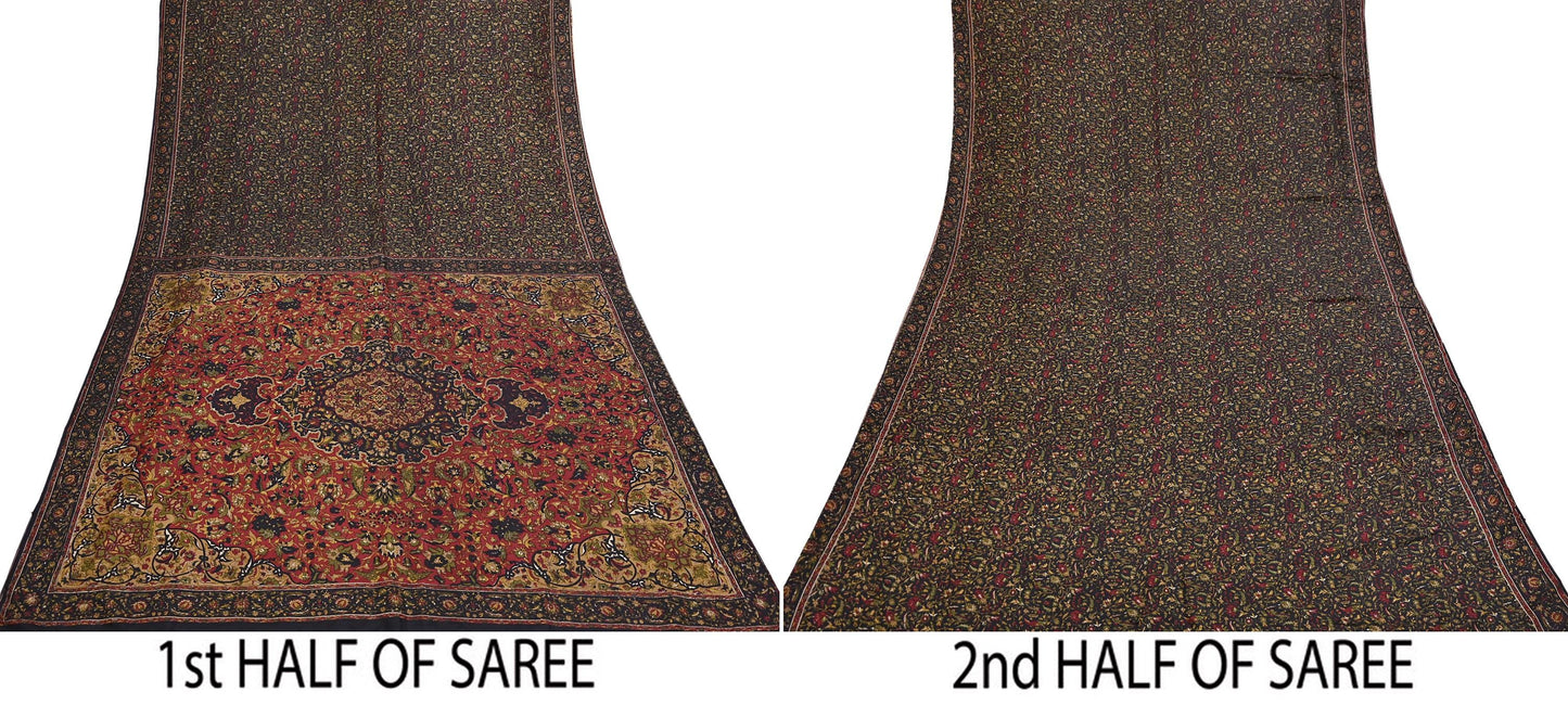 Indian Vintage Red & Black Pure Silk Printed Saree 6Yards Soft Floral Fabric for Dressmaking, Quilting, Crafting, Sewing, Dress Making