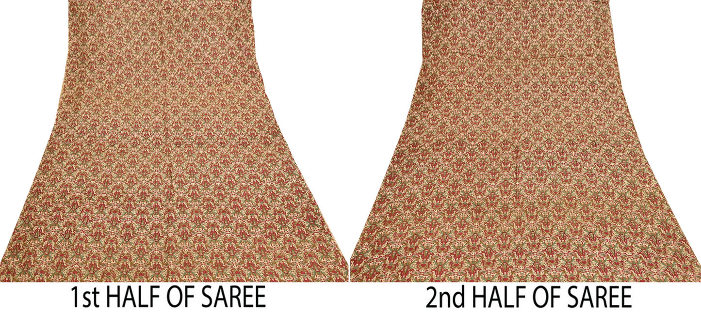 Indian Vintage Sari Beige & Red 100% Pure Silk Block Printed Sarees 6yd Craft Fabric Sewing Soft Dress Making Quilting Crafting Upcycle