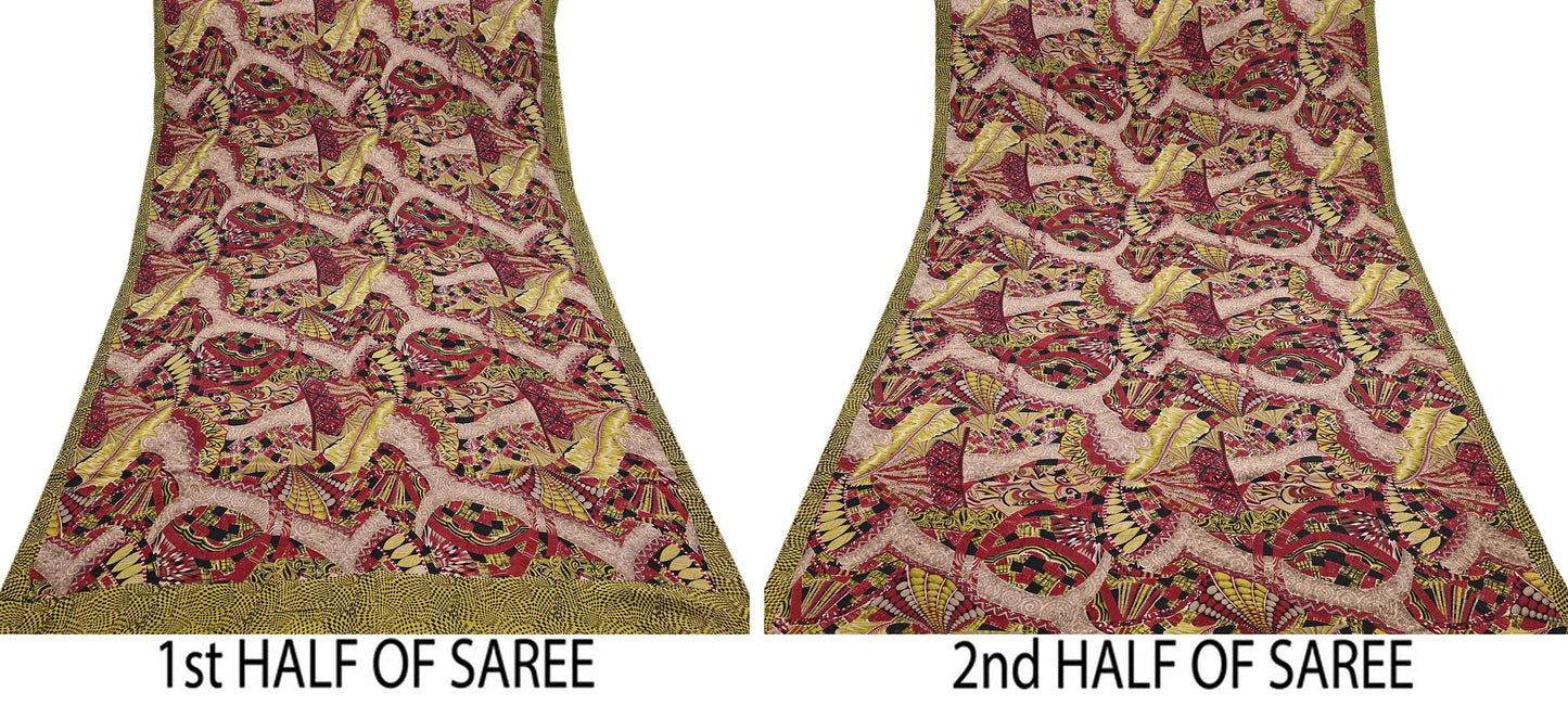 Indian Vintage Sari Black & Red Pure Crepe Silk Printed Sarees 5yd Sewing Floral Soft Craft Fabric Wrap Dress making Crafting Quilting