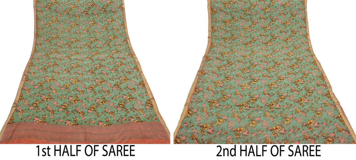 Indian Vintage Sari Green Pure Silk Printed Saree Craft Fabric 5yard Sewing DressMaking Soft Wrap Floral Zari Crafting Quilting Upcycle