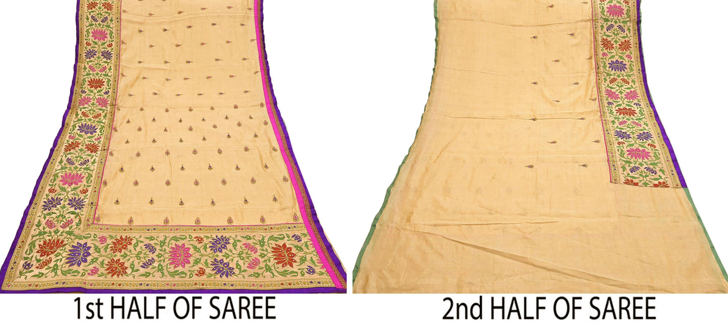 Indian Vintage Yellow Sarees Hand Embroidered Chanderi Sari Fabric 6Yd Sewing Ethnic Zardozi Zari Floral Dress making