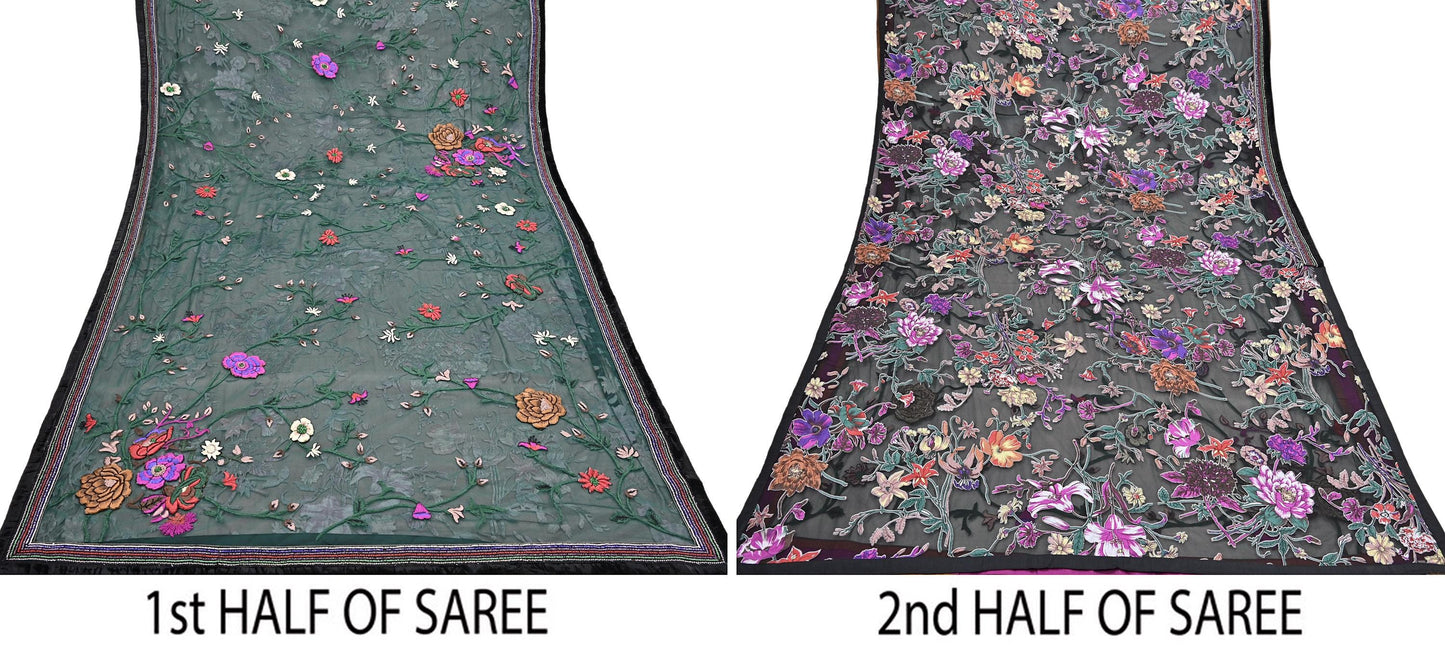 Vintage Black & Green Chiffon Silk, Net Heavy Embroidered Saree, Abu Jani Designer Sari, Bridal Wedding Wear 5Yd with Blouse fabric