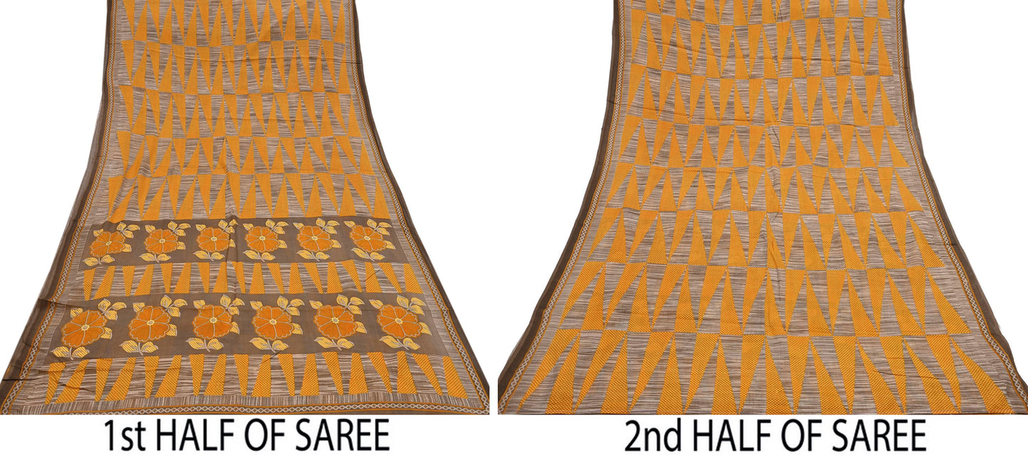 Indian Vintage Sari Brown Printed 100% Pure Cotton Saree Craft Fabric 5Yd Soft Sewing Sarong Wrap Boho Dress Making Quilting