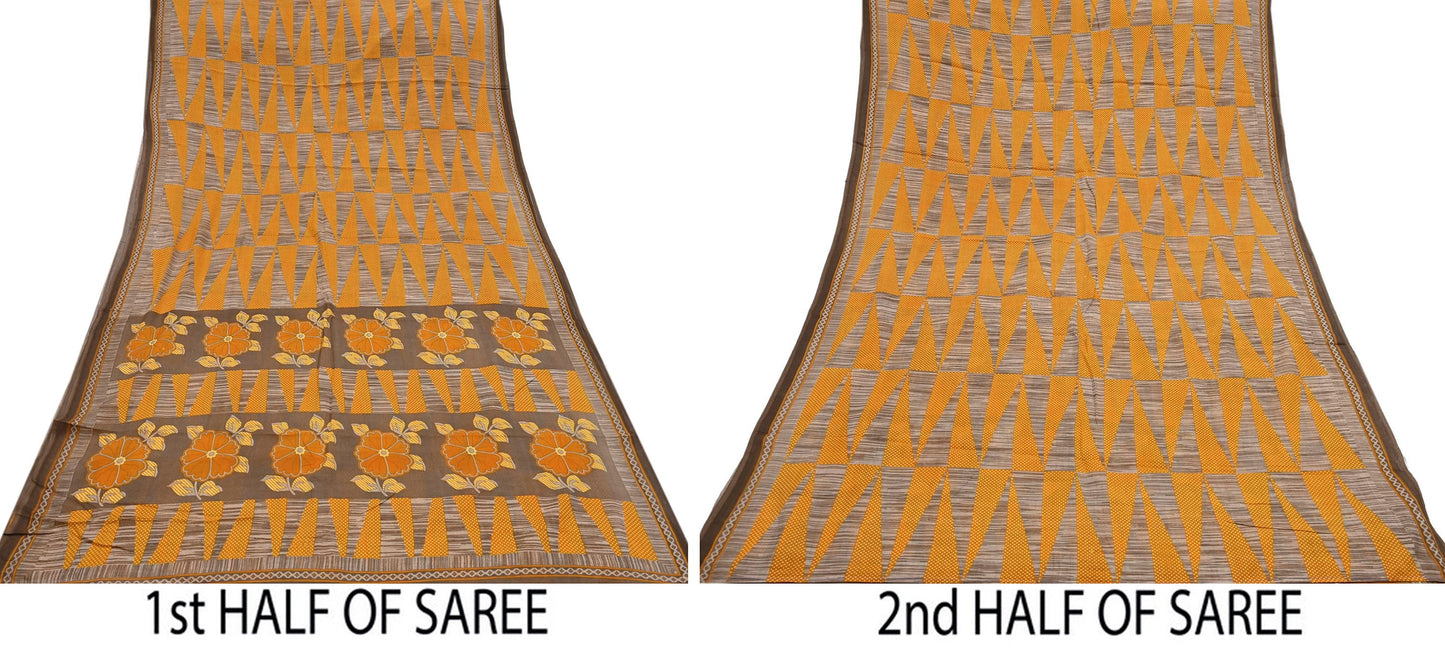 Indian Vintage Sari Brown Printed 100% Pure Cotton Saree Craft Fabric 5Yd Soft Sewing Sarong Wrap Boho Dress Making Quilting