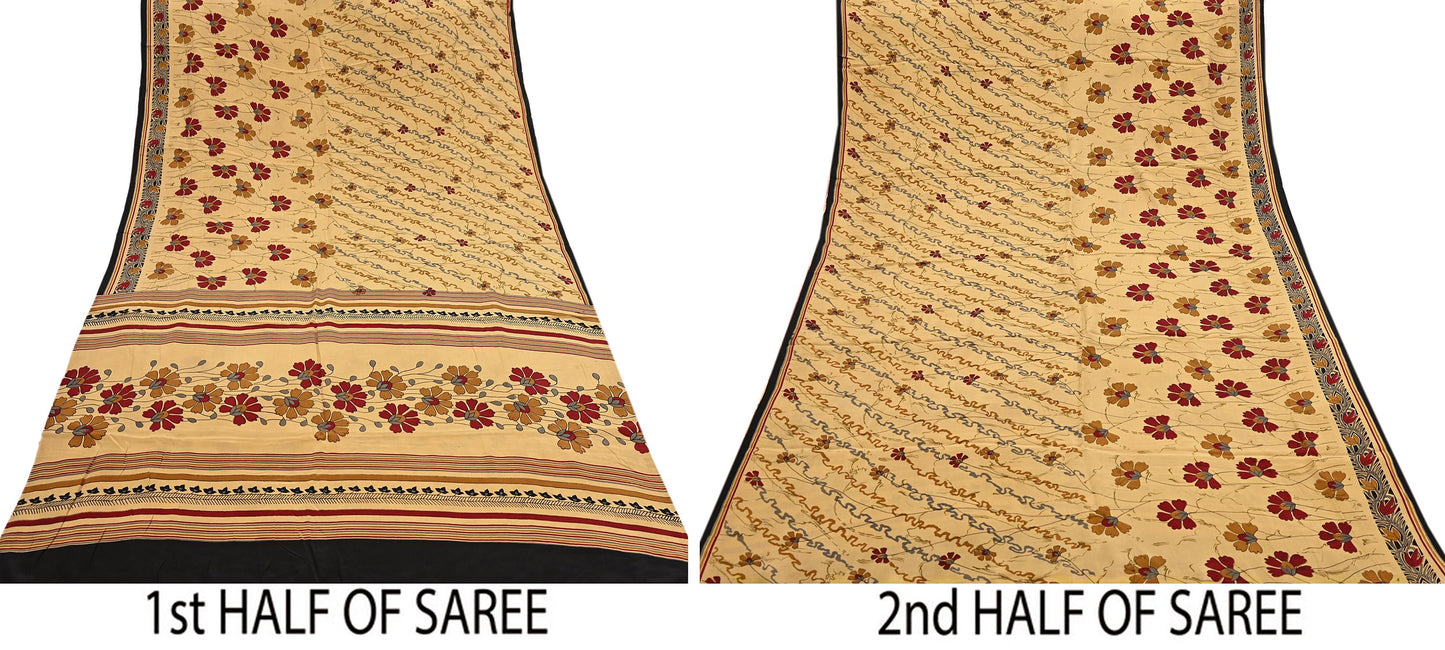 Indian Vintage Sari Beige Pure Crepe Silk Block Printed Sarees 5yd Sewing Soft Craft Fabric Wrap Dress making Crafting Quilting