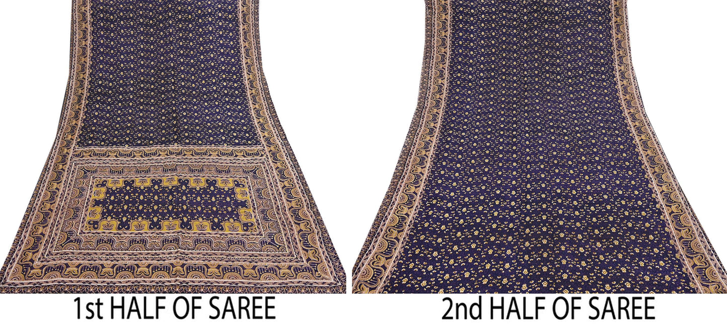 Vintage Blue Pure Silk Saree Indian Printed Floral Silk Fabric 6Yard Soft Sewing Material for Dressmaking, Quilting & Crafts