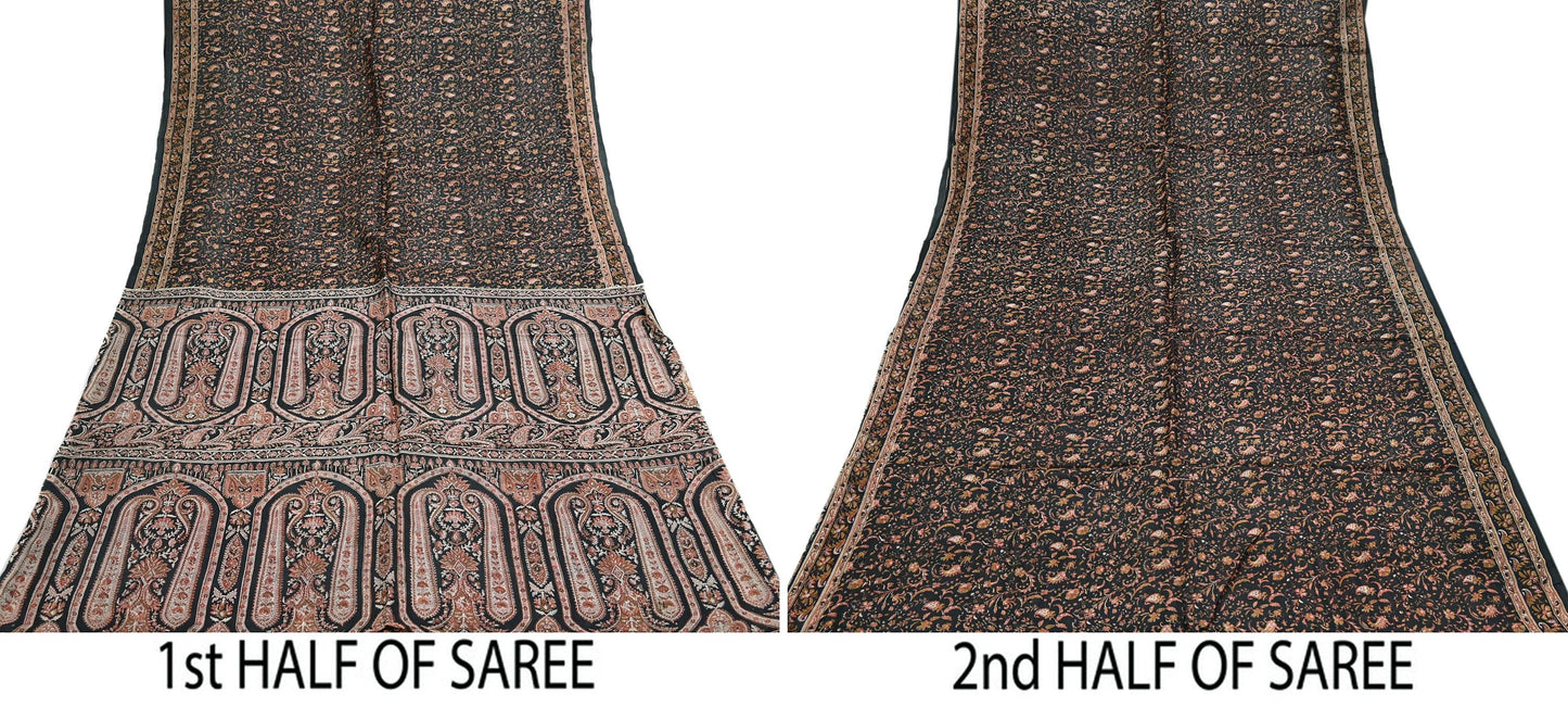 Indian Vintage Sari Black Printed Pure Silk Sarees Craft Fabric 6yd Sewing Floral Soft Dress Designing for Crafting Quilting Upcycle Wrap