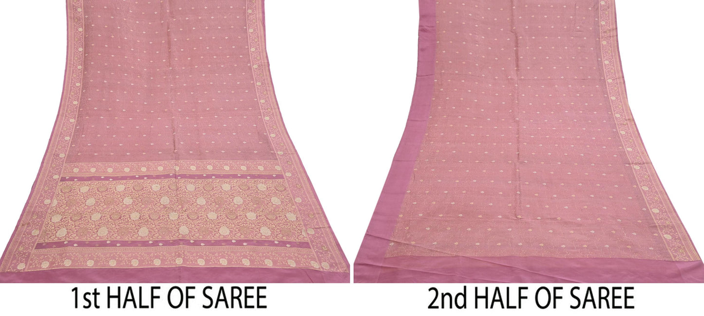 Indian Vintage Heavy Pink Saree Pure Silk Hand Woven Banarasi Sari Craft Fabric 5Yd Sewing Soft Ethnic Zari Dress Making