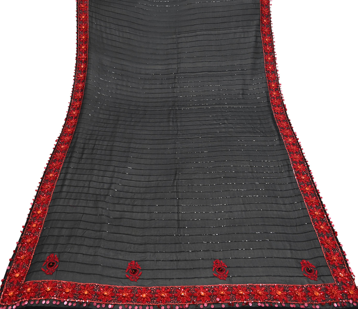 Indian Vintage Black Dupatta Pure Georgette silk Long Stole Hand Embroidered Scarves Stole Veil Wrap Sequins Dabka/ Zardozi