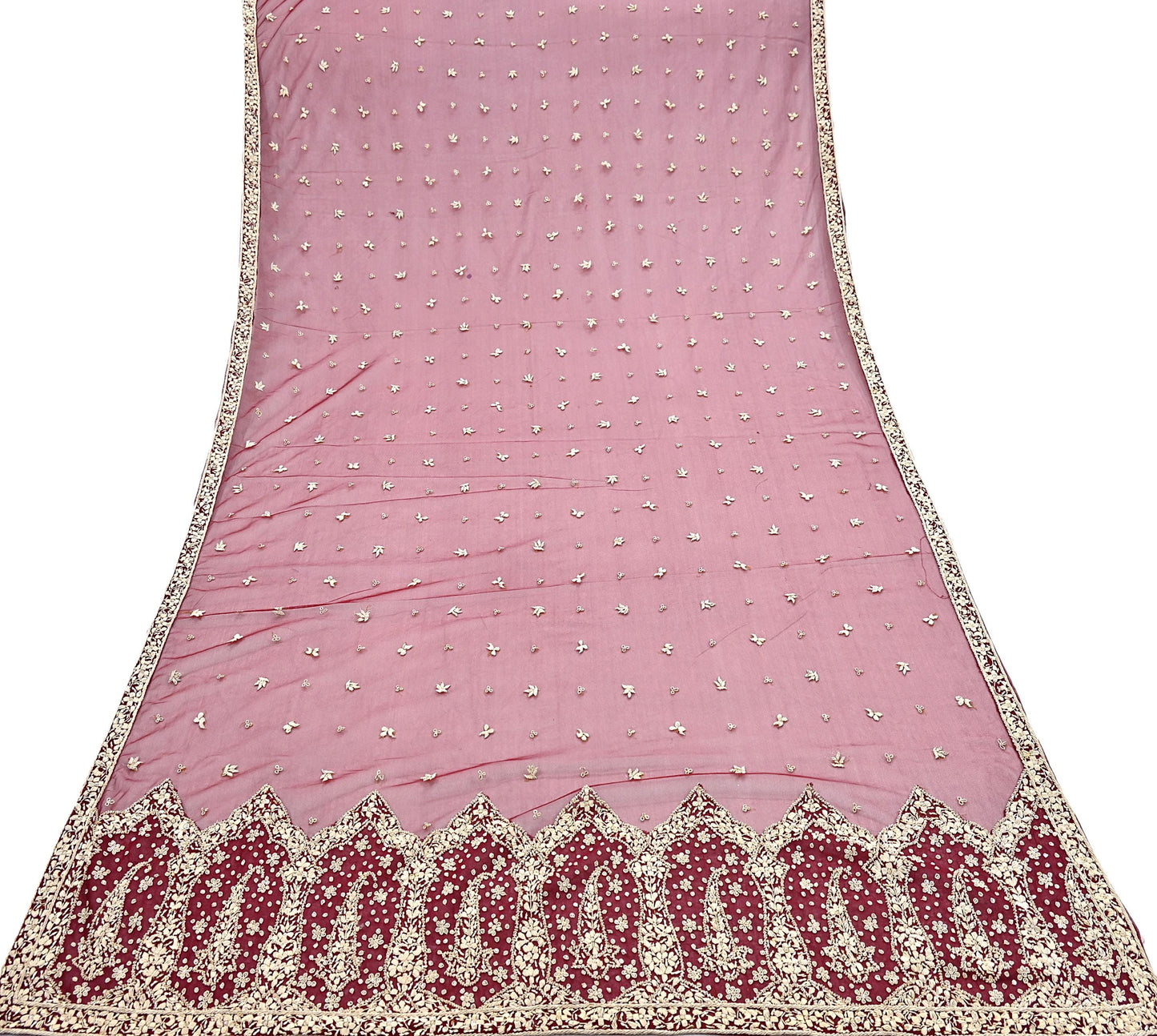 Indian Vintage Heavy Red Dupatta Net Mesh Long Stole Hand Embroidered Scarves Golden Zardozi Zari Sequins Stole
