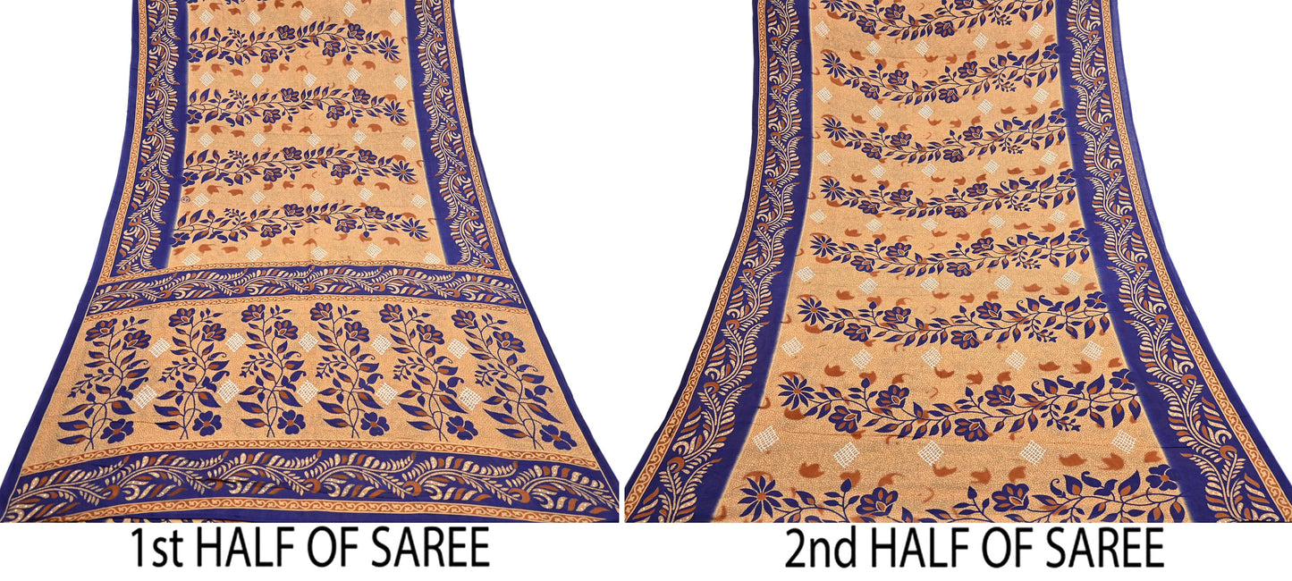 Indian Vintage Sari Blue & Beige Printed Pure Cotton Sarees Craft Fabric 5Yd Soft Sewing Sarong Wrap Boho Floral Quilting Dress making