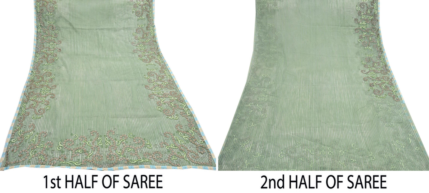 Indian Vintage Sage Green Saree Pure Organza Silk Hand Beaded Abu jani Designer Sari Fabric 6-Yards Soft Ethnic Bollywood Party sarees